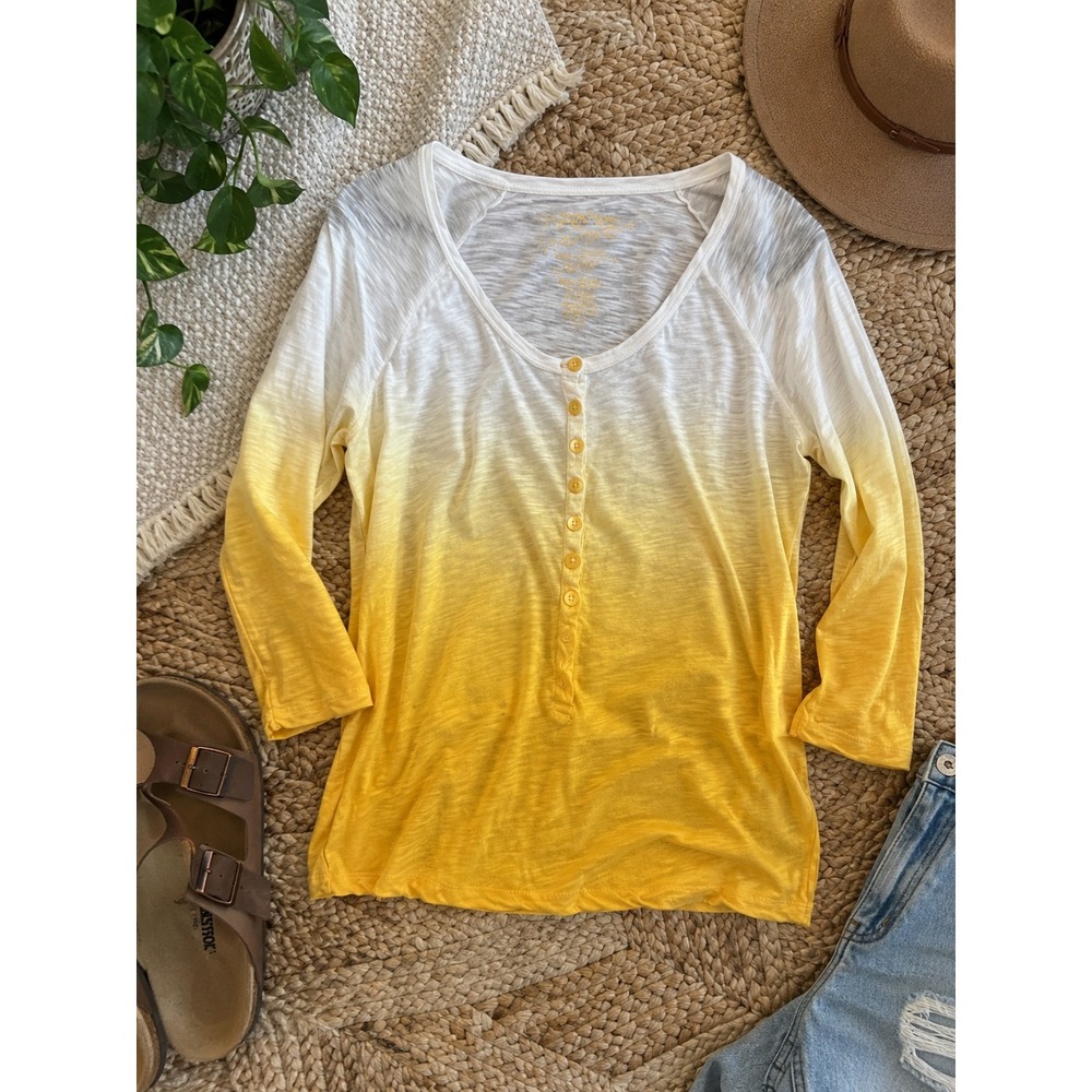 Pressman Women Yellow White Ombre Slub Knit Henley Top 3/4 Sleeve Large